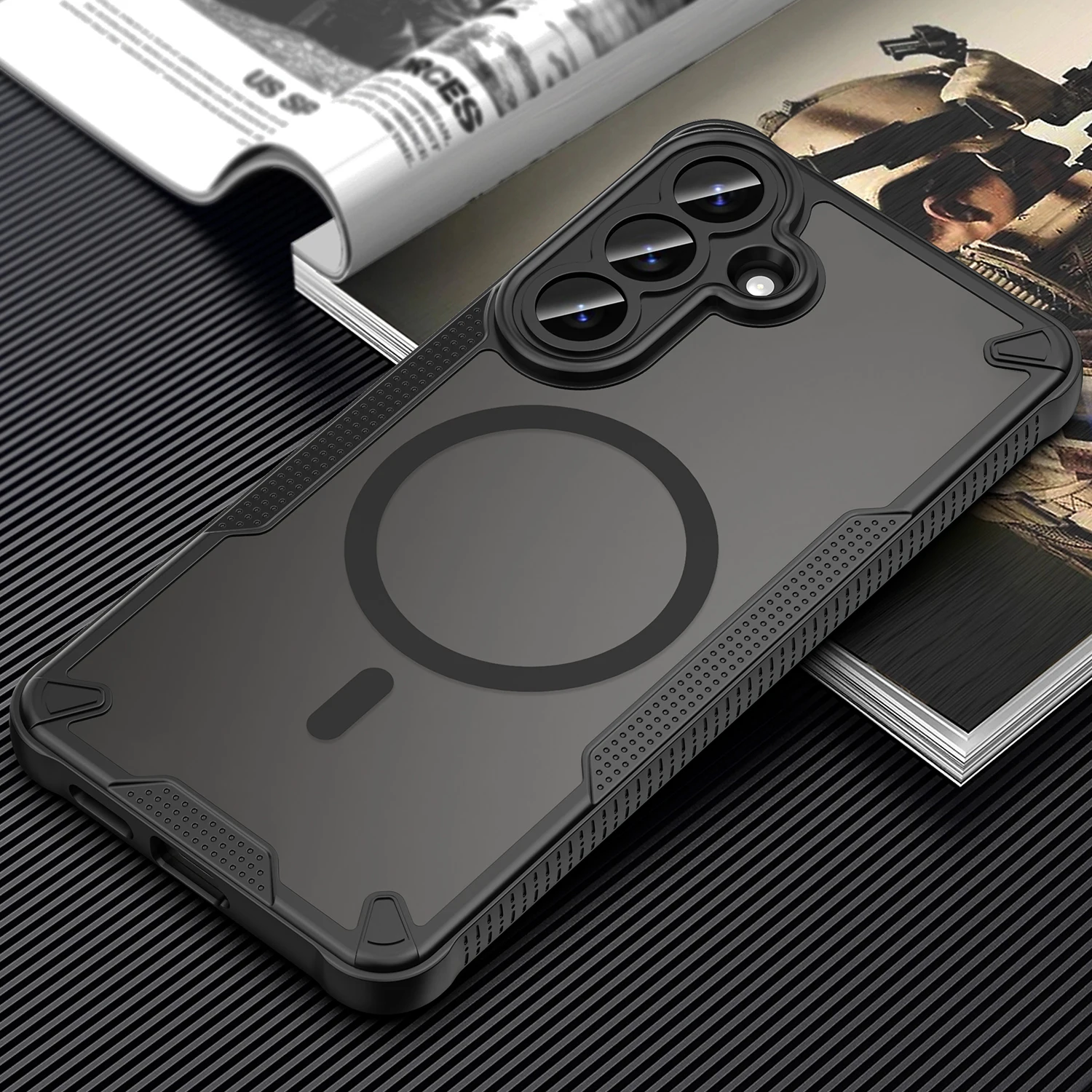 Magnetic Luxury Matte Translucent Shockproof Armor Case with Wireless Charging Compatibility