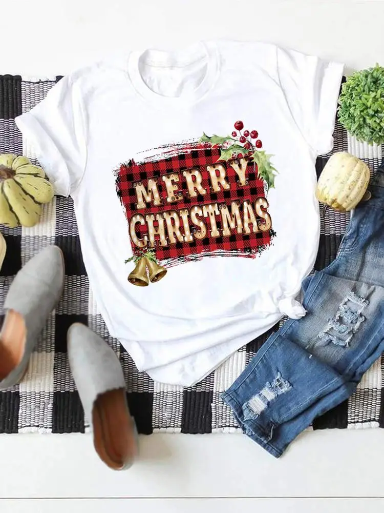 

Clothes Top Print Short Sleeve Tee T Shirt Christmas Plaid Lovely Letter Style Women New Year Fashion Basic Graphic T-shirts