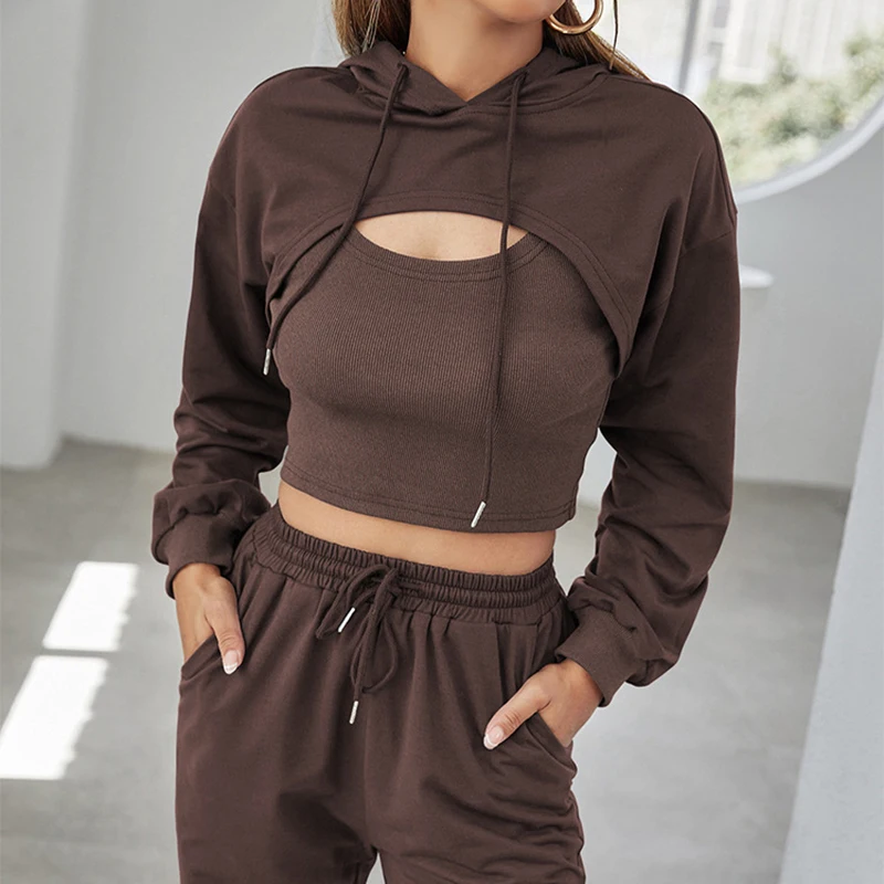 New Women Hoodies Suits Three Pieces Sets 2023 Spring Autumn Long Sleeve Sweatshirts Casual Tank Tops Short Hooded Pockets Pants