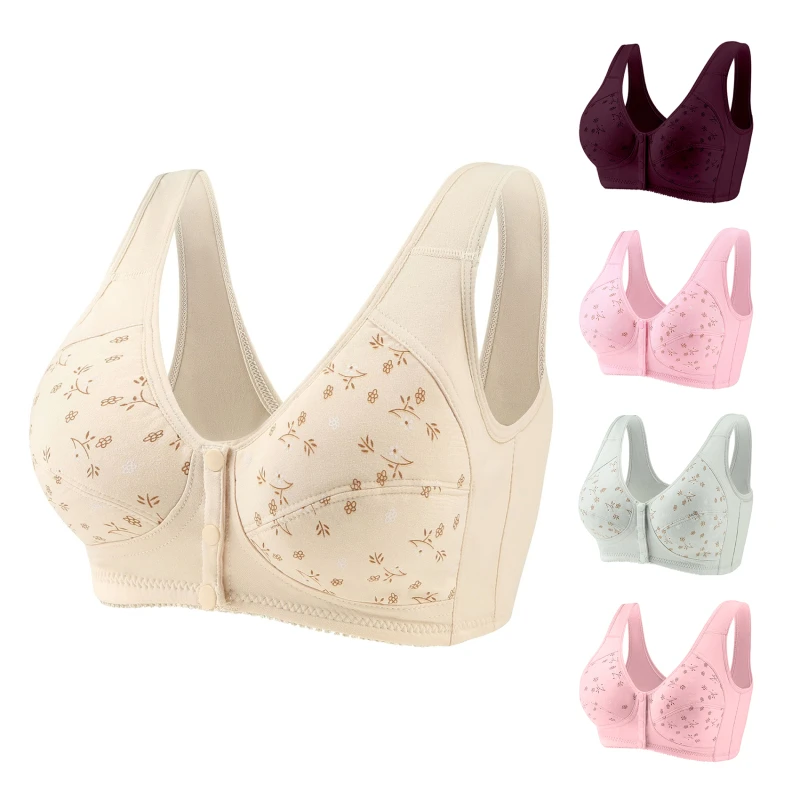 

1PC Women Mother Wireless Cotton Bras Lingerie Front Closure T-Back Bra Soft Leisure Underwear Large Cup Plus Size