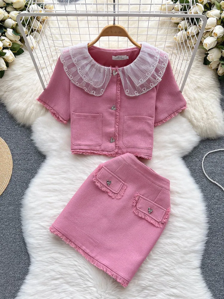 

High Quality Summer Sweet Pink/White Tweed Two Piece Set Women Elegant Lady Lace Collar Short Jacket Coat & Skirt Sets Female