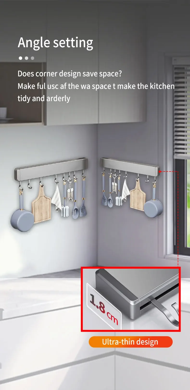 Description Picture 5 of itemNew Kitchen Storage Rack Non-perforated shelves Wall Mounted with Movable hook Spoon Holder Organizer Kitchen Utensil Accessorie