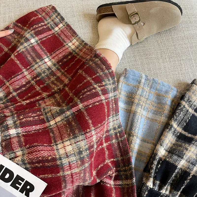 

2024 Spring Vintage Tweed Plaid Skirt Women's Autumn Winter High Waist A-Line Midi Skirt Brushed Patchwork New Year's Cake Skirt