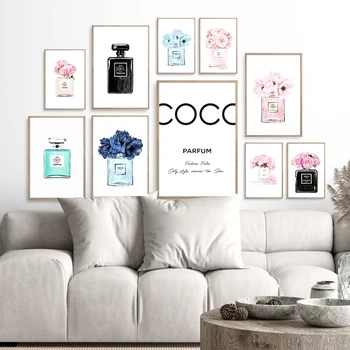 Bottiglia di profumo dell'acquerello poster e stampe immagini di arte della parete di moda pittura su tela per soggiorno decorazioni per la casa moderne