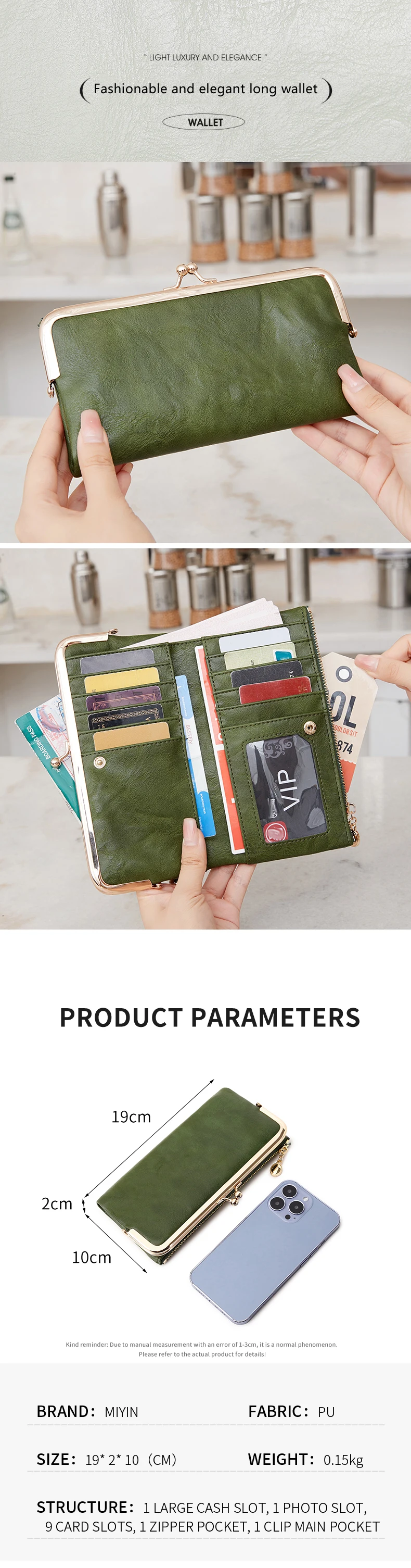 Vintage Kiss-Lock Lange Damen-Geldbörse Einfarbig Multifunktionale Reißverschluss-Geldbörse Minimalismus Doppelfalt Großraum-Handtasche – Detail 1