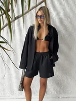 Wolfeel Women's Casual Shorts Sets 100% Cotton Solid Color Cozy Lapel Long Sleeve Shirt Summer New Elastic Waist Shorts Suits - Image 3