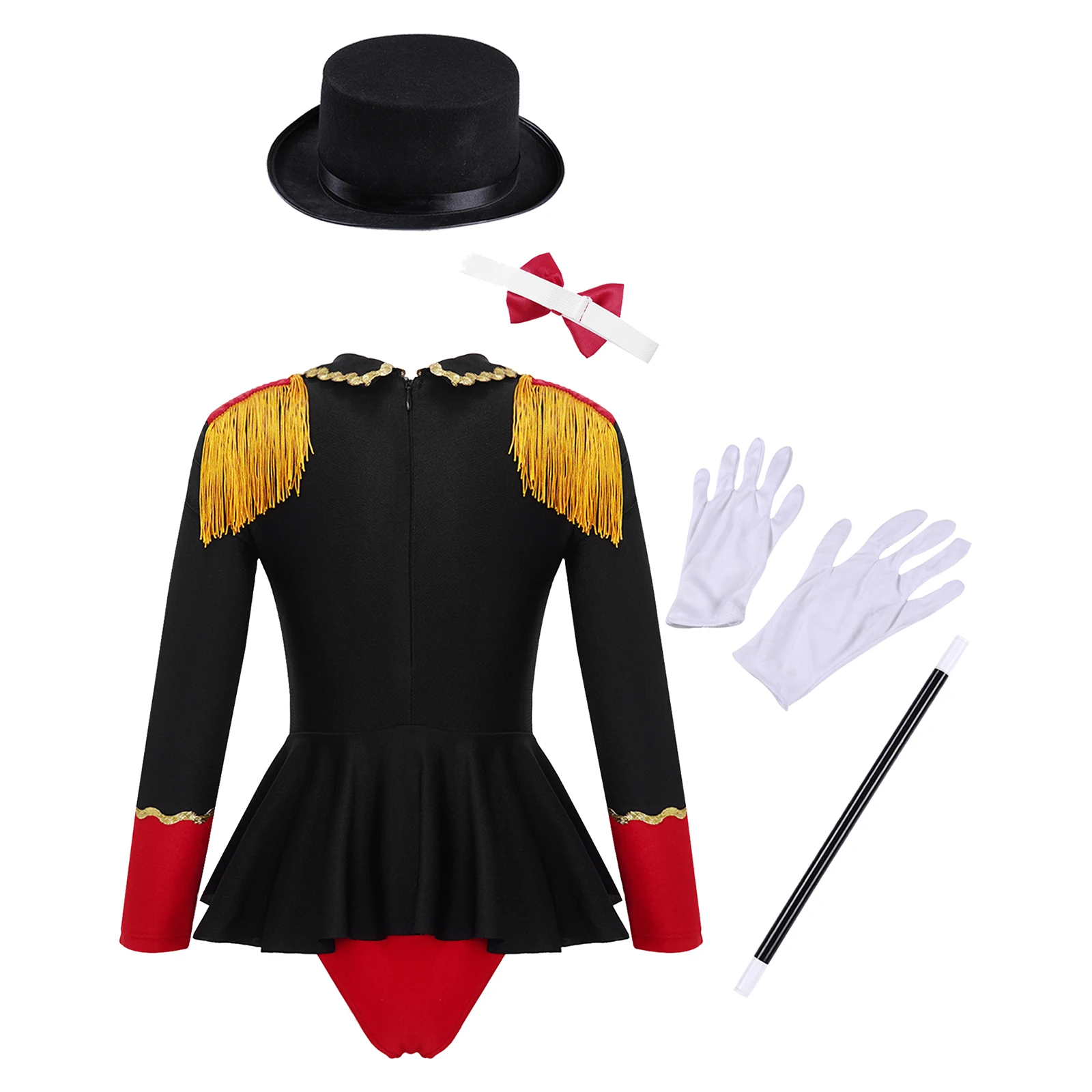 Kids Girls Circus Ringmaster Costume Halloween Cosplay Carnival Party Fancy Dress Up Long Sleeve Lapel Tassel Bodysuit Leotard