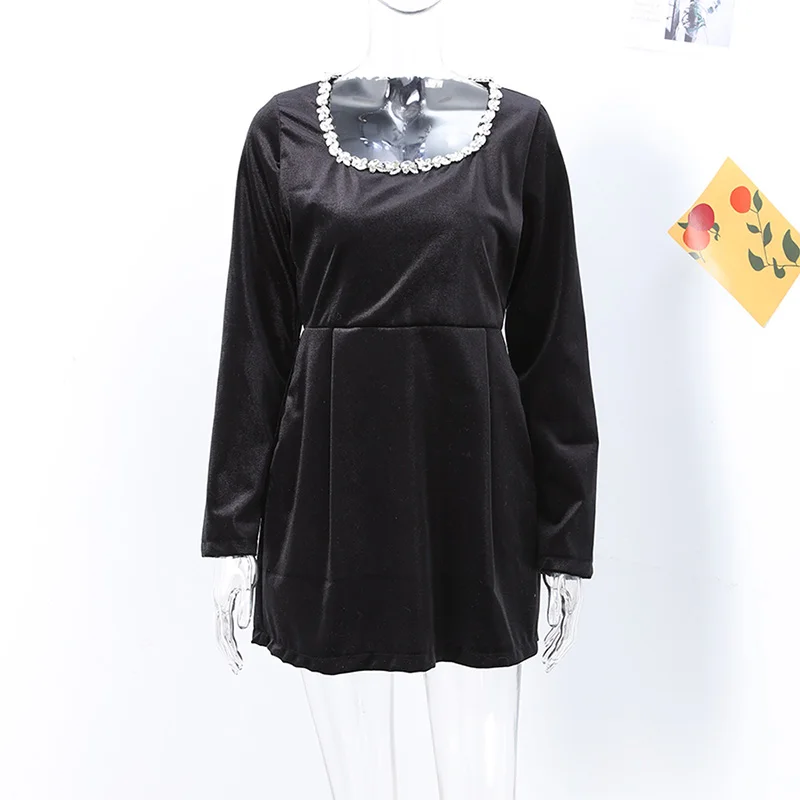 Vestido de terciopelo con cuello cuadrado y cuentas de manga larga para mujer, cintura alta, corte en A, para fiesta, Navidad y noche, nuevo
