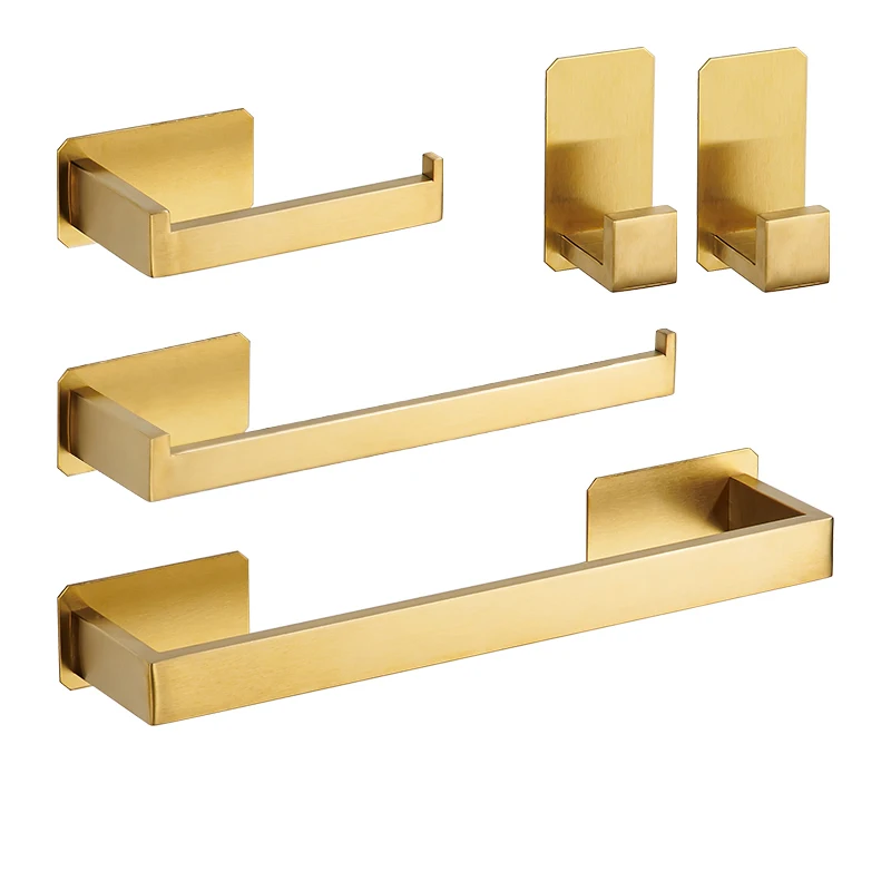 YCRAYS Golden No Drilling Bath Hardware Sets Toilet Paper Holder Towel Rack Bar Rail Robe Hook For Bathroom Products Accessories