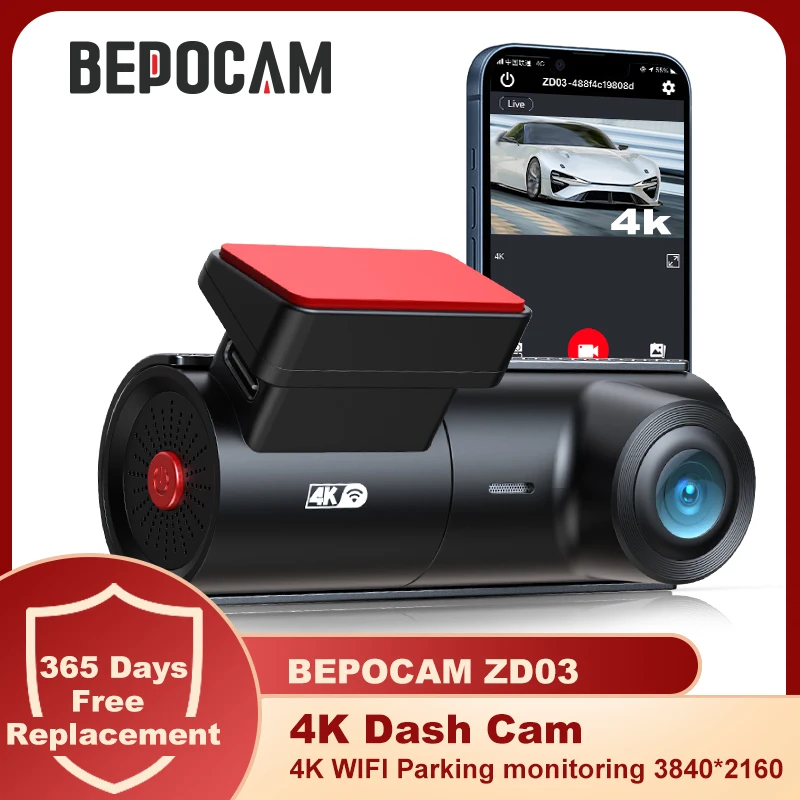 BEPOCAM-Mini câmera do traço para carros, gravador de vídeo, Dashcam básica, UHD, WiFi, carro DVR, 150 °, 2160P, ZD03, 4K