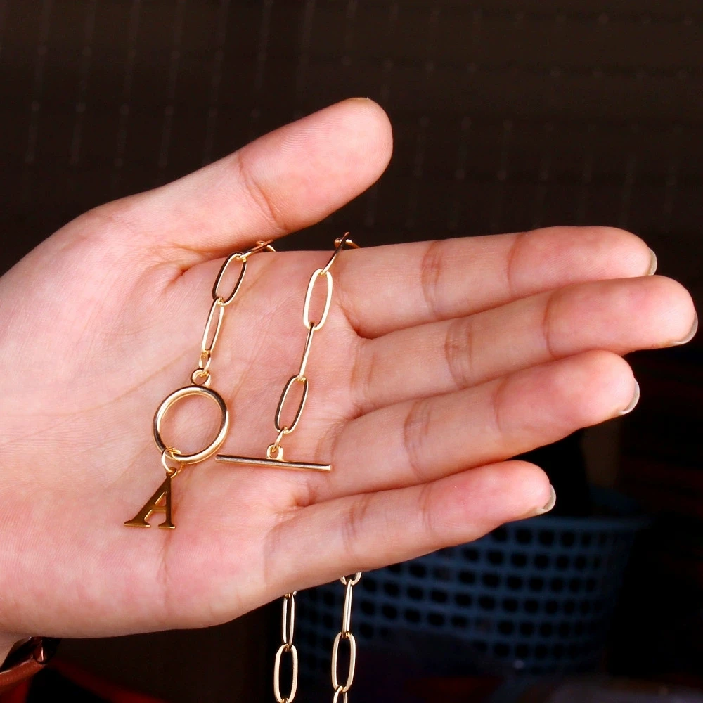 English Letter Initial Necklace 18K Gold Plated Stainless Steel OT Clasp Paper Clip Chain Necklace for Women