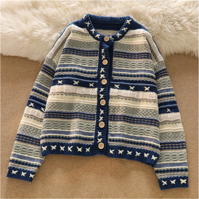 

Women's 2022 Fashion New Blue Long Sleeves Knitted Sweater Temperament Comfortable Cardigan Versatile Autumn and Winter Coat