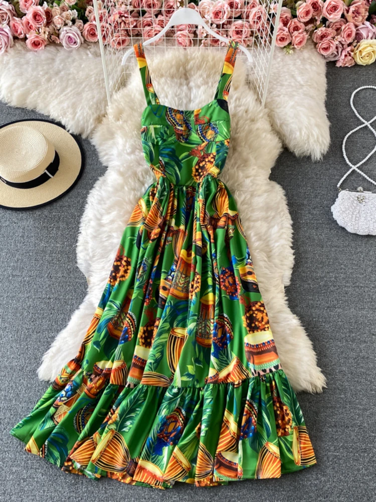 

Floral Printed Backless Dress Women Summer Sexy Bohemian Beach Dresses Woman Ruffled Spaghetti Strap Long Dress