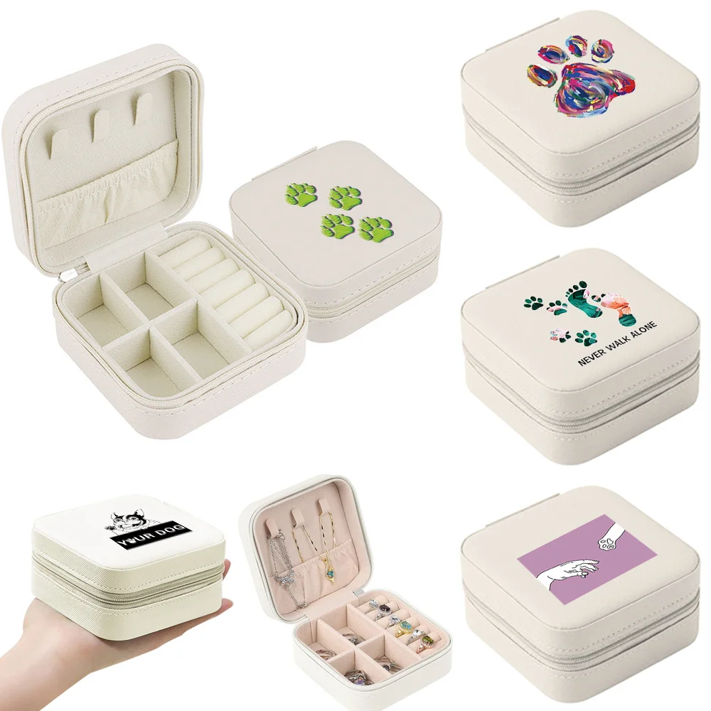 

Jewelry Box Jewelry Organizer Display Travel Portable Jewelry Case Boxes Leather Storage Earring Ring Holder Footprints Print