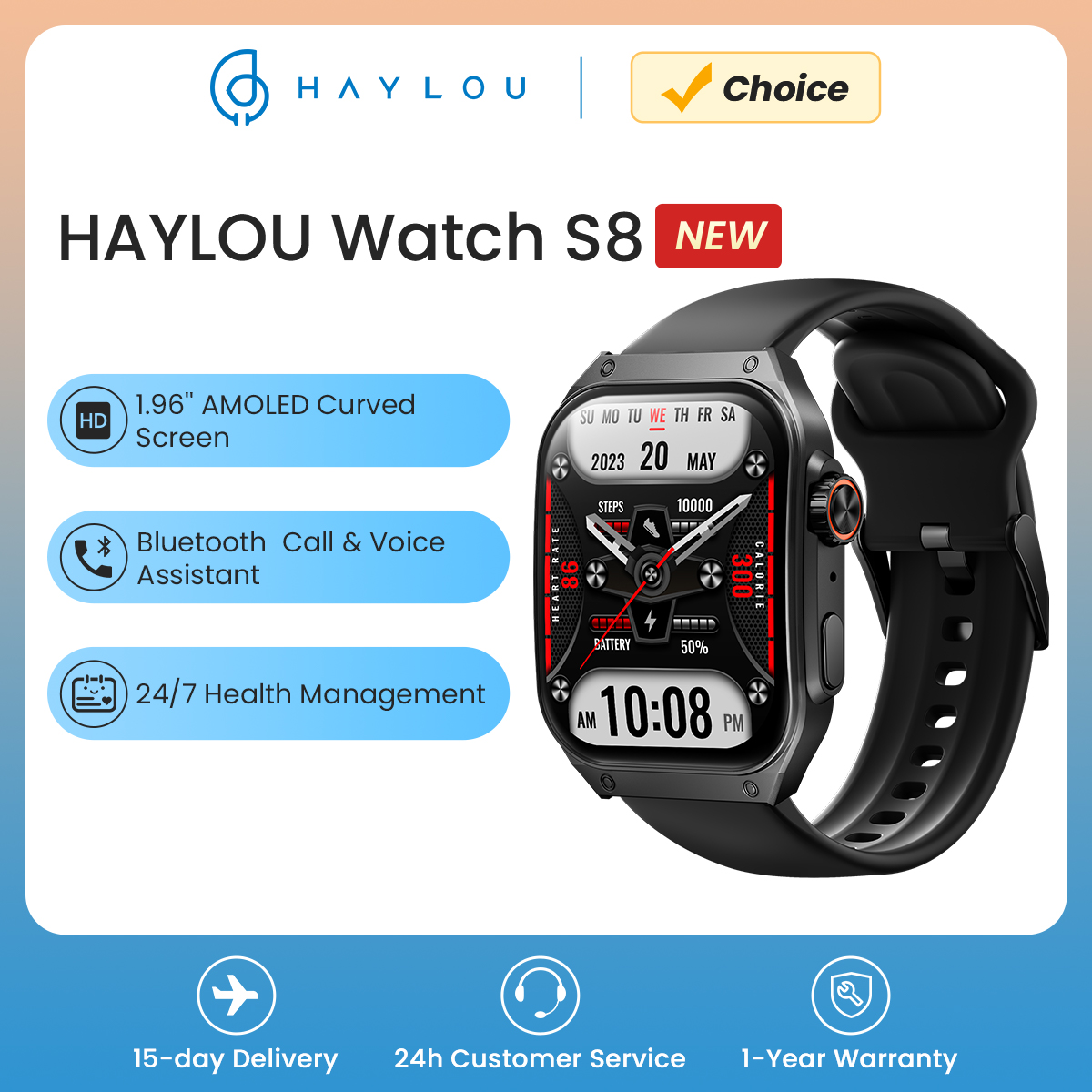HAYLOU Watch S8 Smart Watch 1.96'' AMOLED Curved Screen Smartwatch Bluetooth Call AI Vioce Assistant Smartwatches for Men