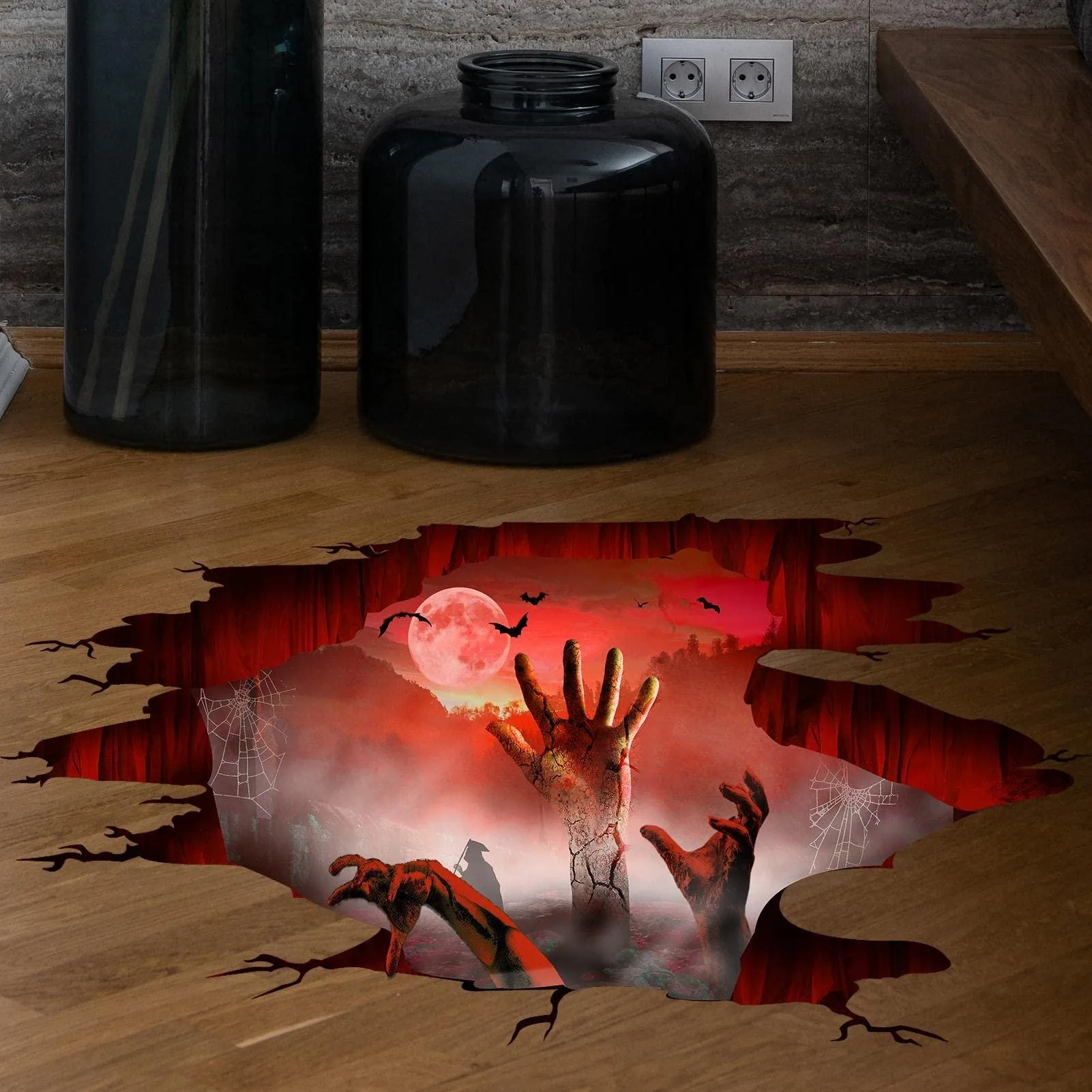 Spooky 3D Halloween Floor Decals Scary Moon Witch Cobweb Ghost Hand Wall Stickers Decor for Living Room Bedroom Bar Pub