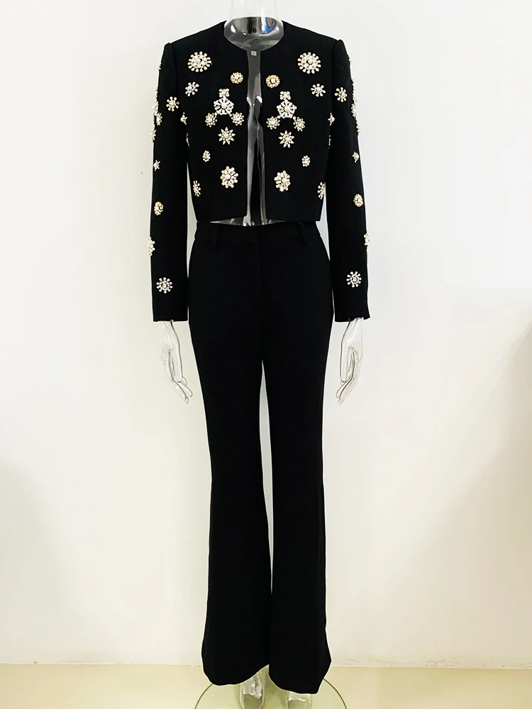 

HIGH STREET Newest 2023 Designer Runway Suit Set Women Stunning Diamonds Stone Beaded Blazer Jacket Slit Flare Pants Set 2PCS