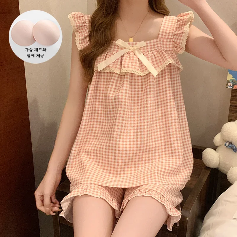 여성용 격자 무늬 파자마 세트, 버블 링클 원단, 고정 가슴 패드, 귀엽고 귀여운 홈웨어, 민소매 스퀘어 칼라, 여름