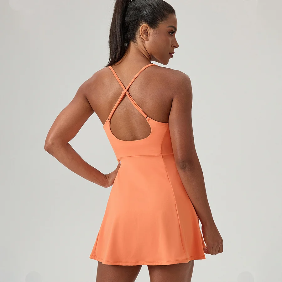 Women&rsquo;s Sleeveless Tennis Dress Cross Backless Golf Long Skirt Shorts Two Pockets Training Dancing Quick Dry Sport Long Dress