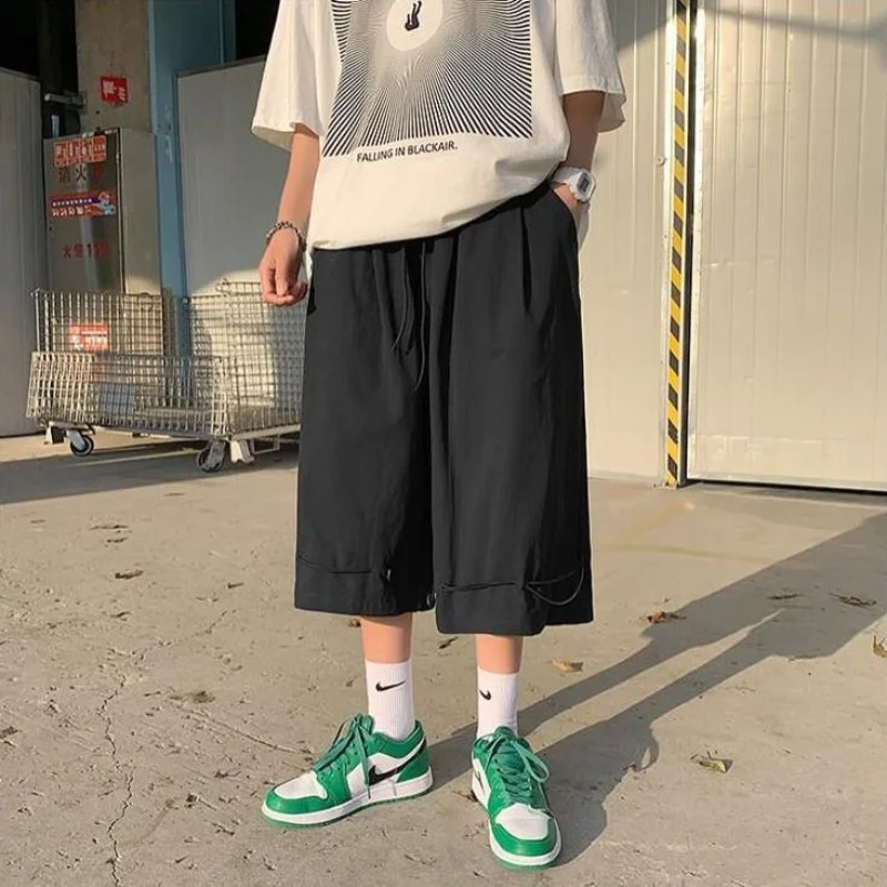 Summer Hong Kong Breeze Men's Clothing Trend Solid Color Loose Straight Wide Leg Bloomers High Street All-match Cropped Shorts