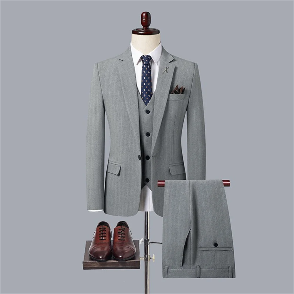 Elegant Male Suit 2023 New in Men's British Stripes Jacket Pants Vest Casual Formal Workwear Groom Wedding Suit Social Tuxedo