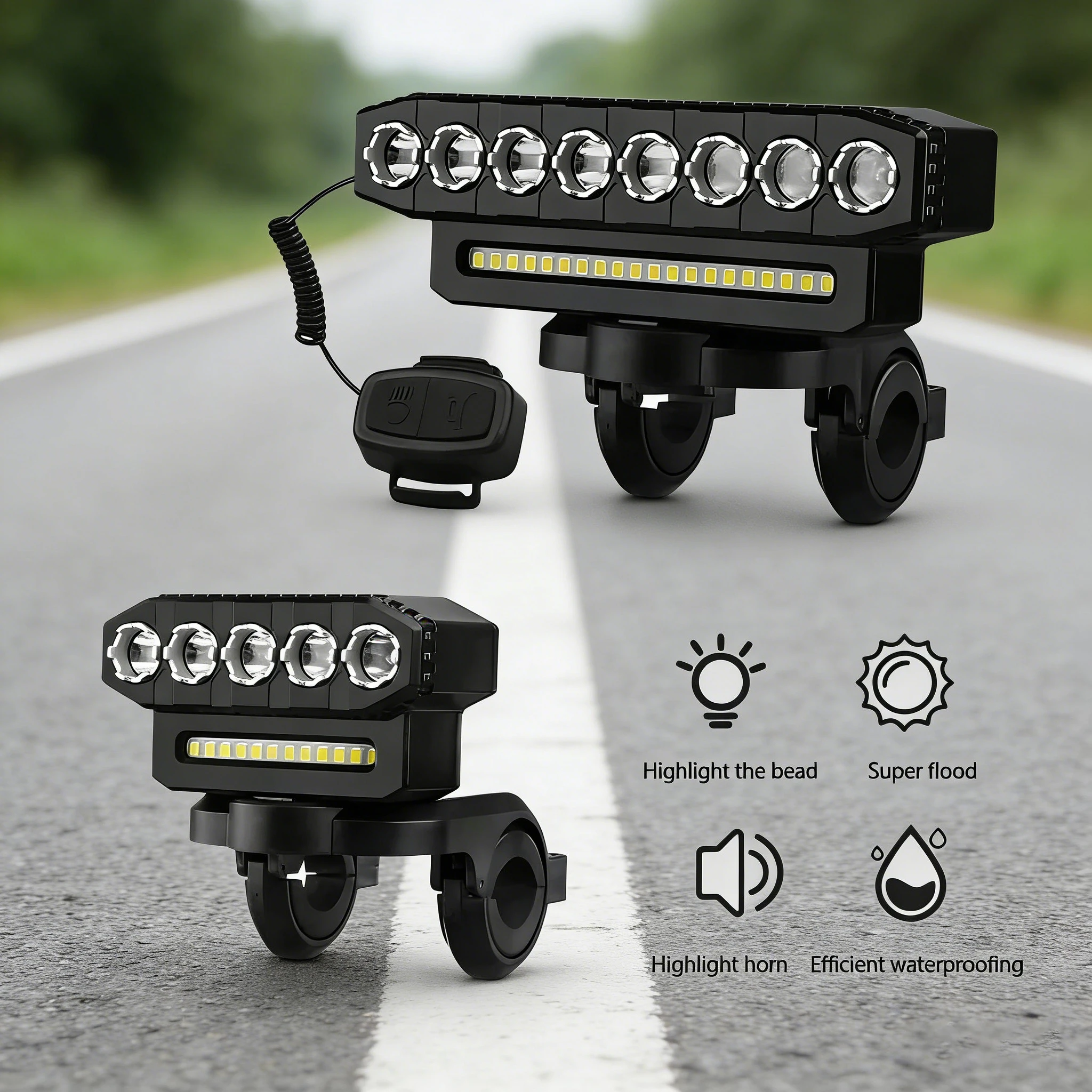 High Bright 5/8 LED Bicycle Front Light USB Rechargeable Flood Light with Horn Bell IPX5 Waterproof for Road MTB Cycling Safety