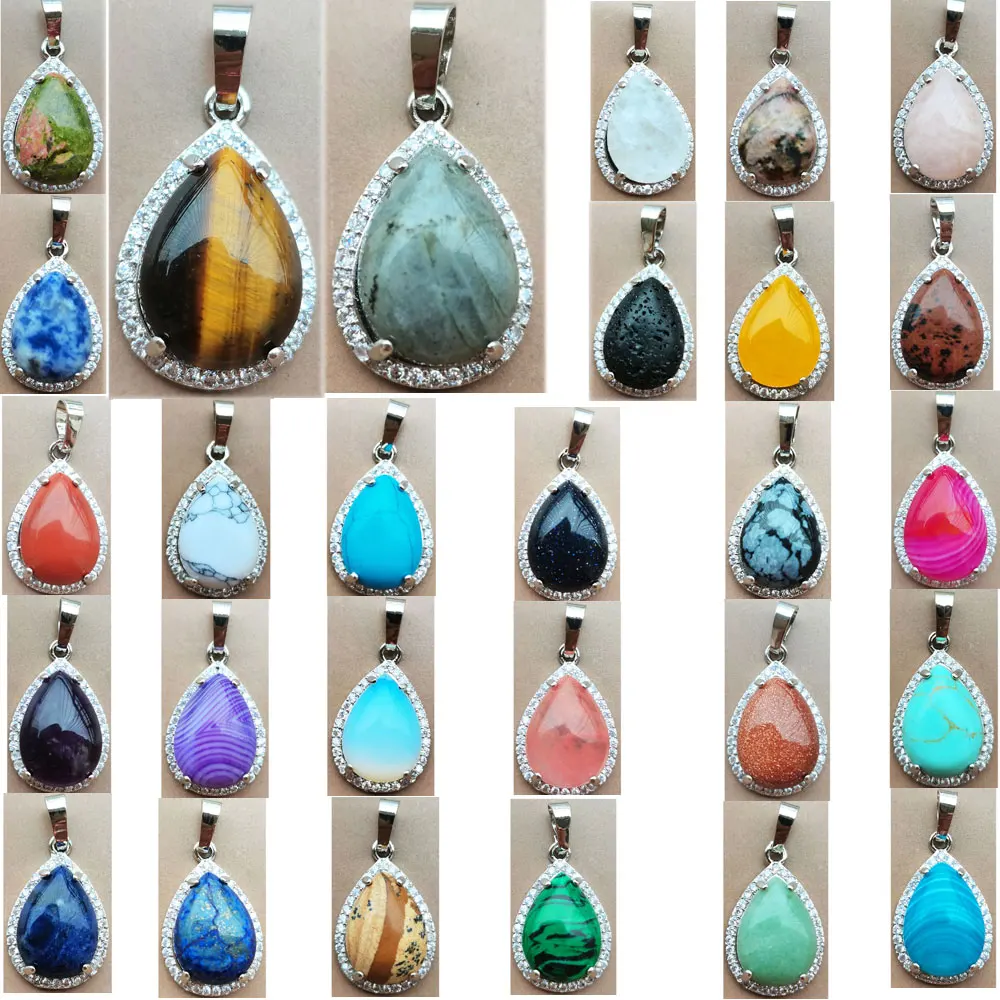 Perle Pendentif En Cristal D'Oeil De Tigre, Labrumen Ite Goldstone, Unakite, Jaspe, Malachite, Howlite, Lapis Lazuli, Goutte D'Eau, Wfh1101