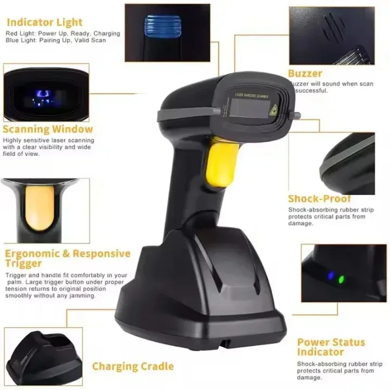 2D QR Code Reader Handheld Auto Sense Barcode Scanner with Long Distance Transmission and Charge Base