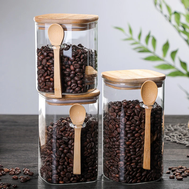 800-1200ml Square Glass Coffee Sealed Storage Jar Wooden Spoon Coffee Bean Cans Household Milk Powder Tea Sugar Storage Can 3