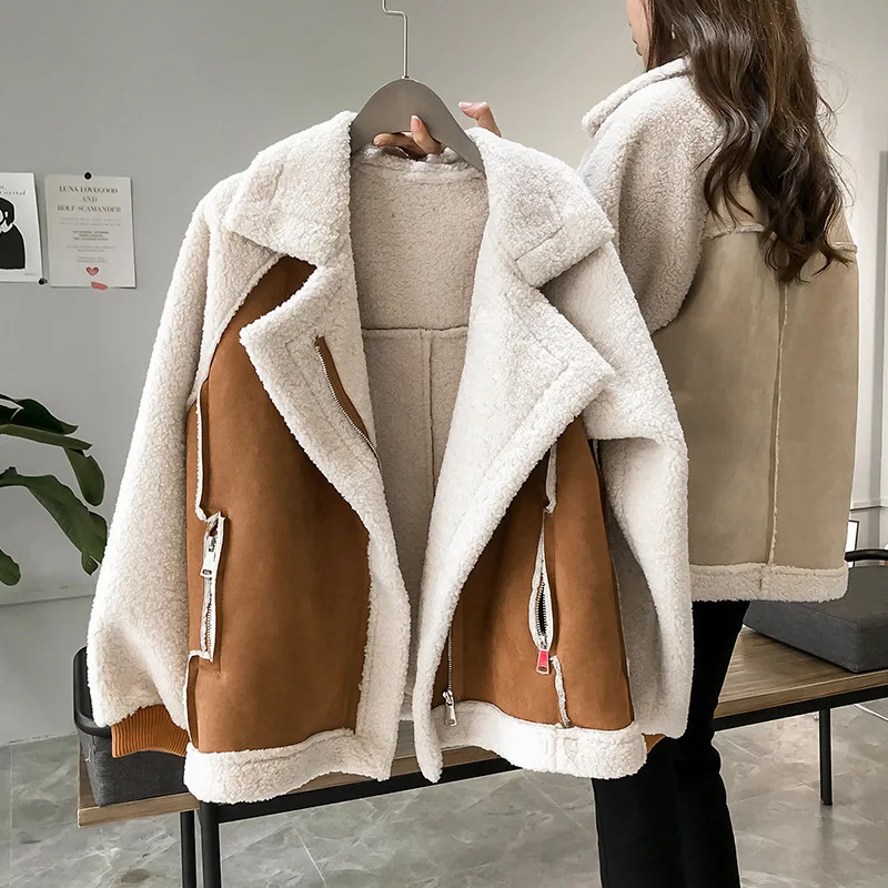 Women Winter Oversized Teddy Jacket Chic Faux Suede Fur Collar Coats Aviator Motorcycle Biker Jackets Female Lamb Wool Coat New