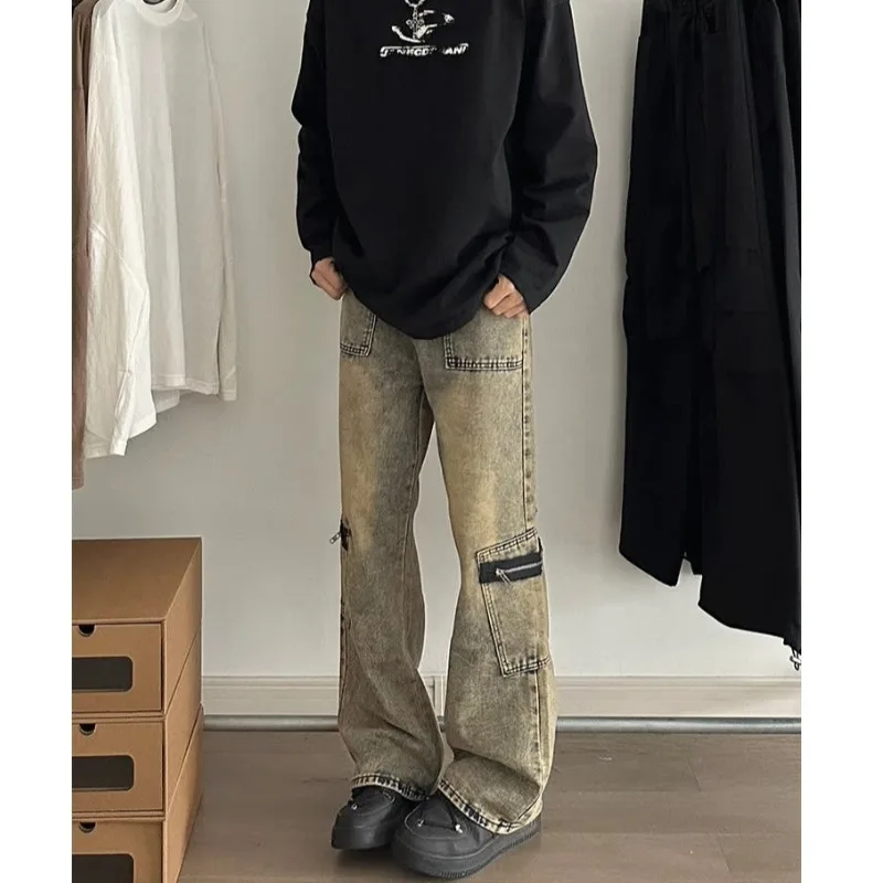 Blue Jeans men American Y2K Vintage High Waisted Jean Straight Streetwear Casual Loose Wide Leg Denim Pants Ripped Trouser