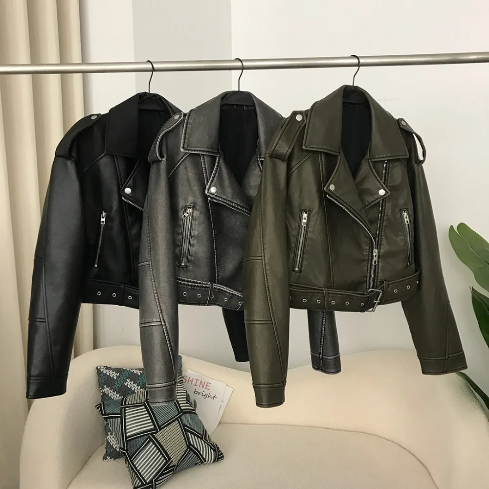 New Spring Woman Faux Leather Jacket Chic Vintage American street wear Short Lapel Zipper Belt Biker Coats Fashion Streetwear 5