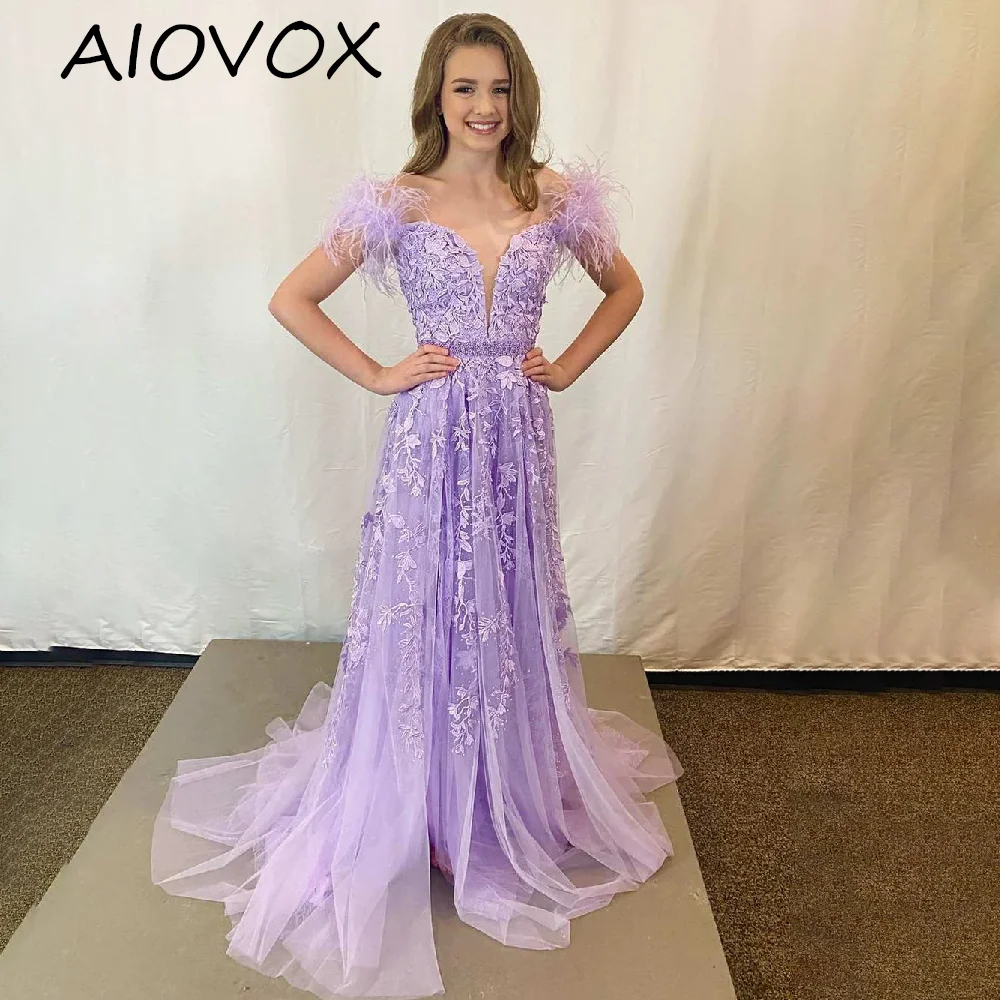 

AIOVOX A-line Evening Dresses Off-the-shoulder Neckline Sweetheart Feathers Shoulder Appliques Decoration Side Slit Court Train