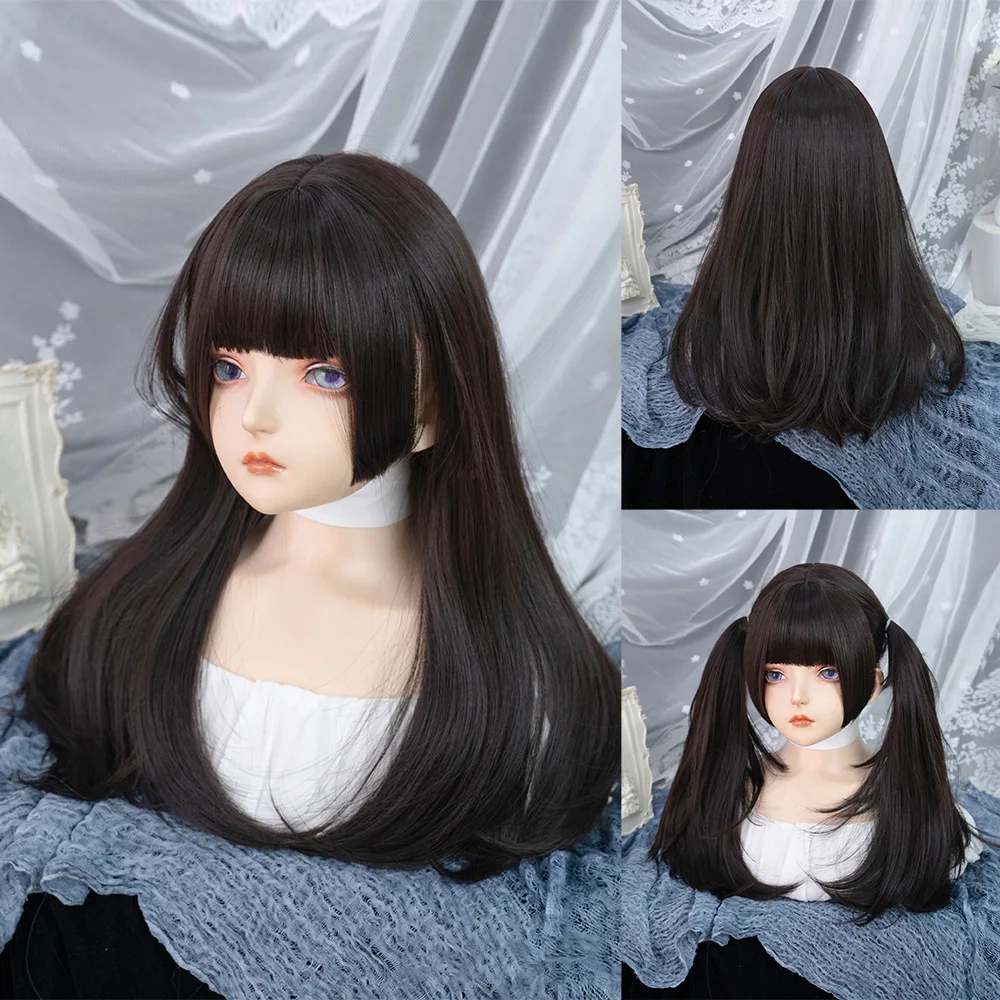 22Inch Black Color Hime Cut Synthetic Wigs with Bang Long Natural Straight Hair Wig for Women Daily Use Cosplay Heat Resistant