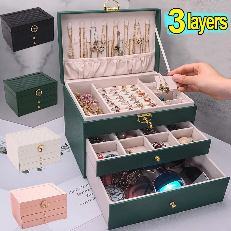 Three Layer PU Jewelry Organizer Box for Women Necklaces Earrings Rings Travel Display Leather Holder Case Large Capacity Gift