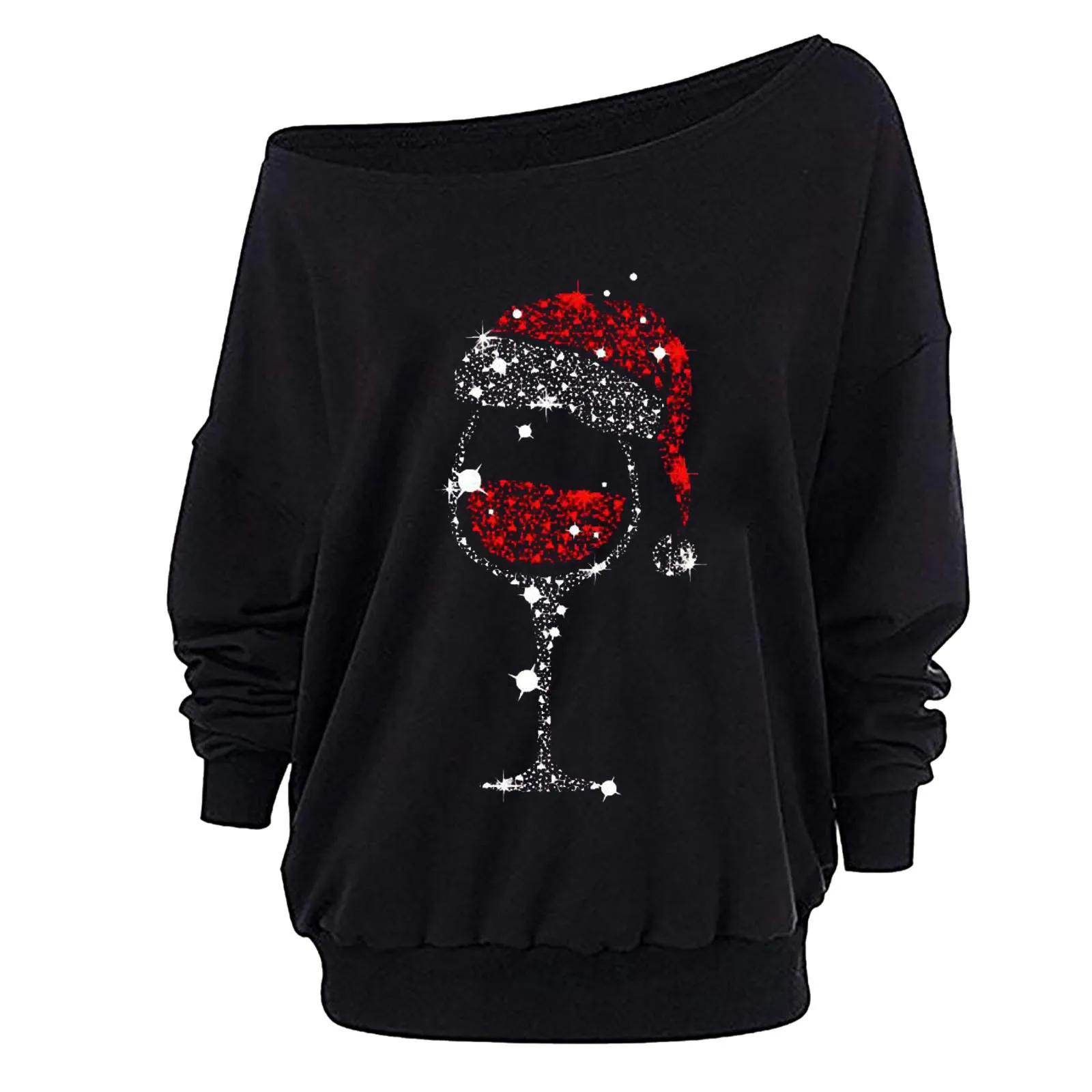 Christmas Off Shoulder Hoodie Womens Sexy Goblet Printed Long Sleeve Loose Pullover Y2k Oversized Xmas Comfortable Sweatshirts