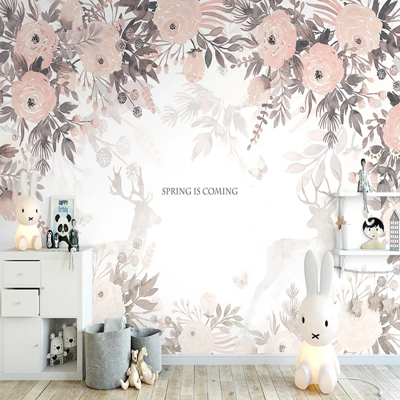 

Custom 3D Wallpaper Nordic Watercolor Flower Elk Photo Wall Murals Living Room Bedroom Romantic Home Decor Papel De Parede 3 D