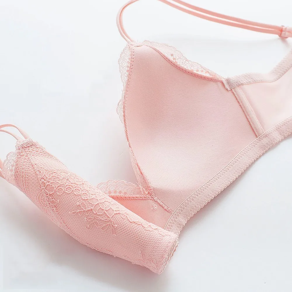 Roseheart New Women Fashion Pink Black Sexy Lingerie Lace Bow Bras Wireless Straps Bralette Cotton Panties Push Up Bra Sets