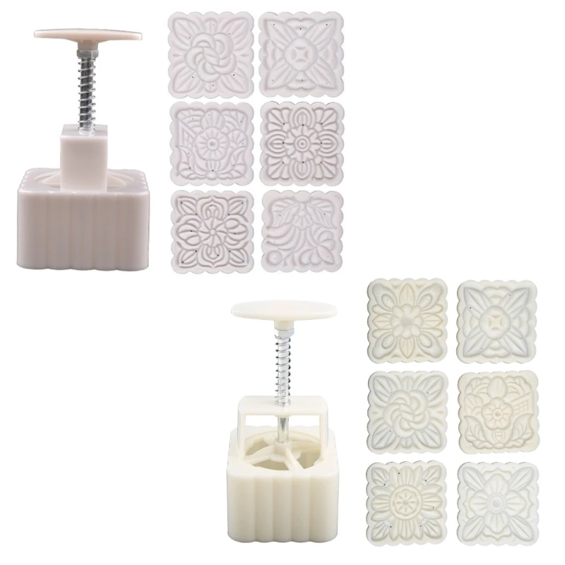 250g Mooncake Mold with 6pcs Square Flower Stamps Hand Press Moon Cake Pastry Mould DIY Bakeware Mid-autumn Festival