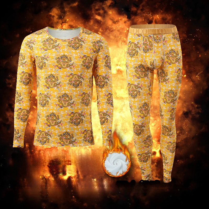 Men's warm underwear with added velvet and thickened printing, pure cotton warm clothing for middle-aged and young people