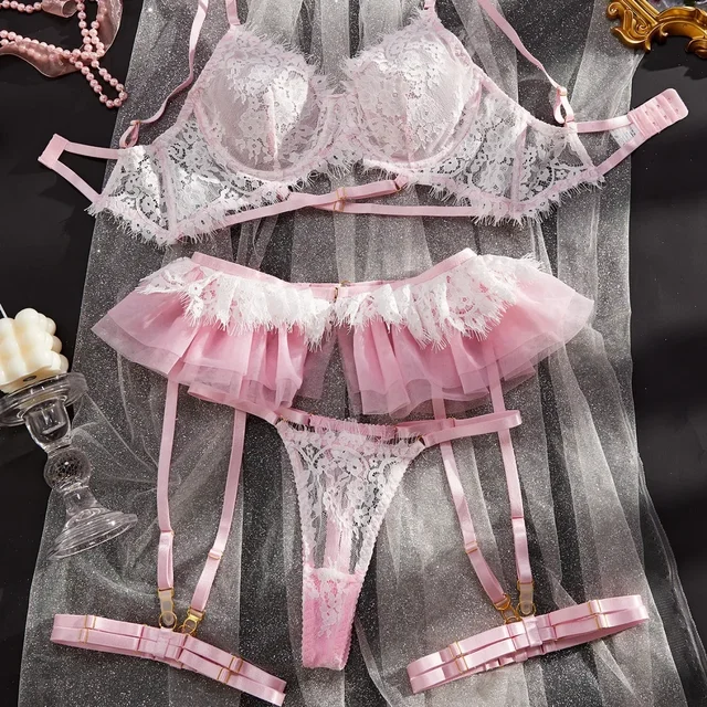 Lace Pleated Lingerie Four Piece Set 2