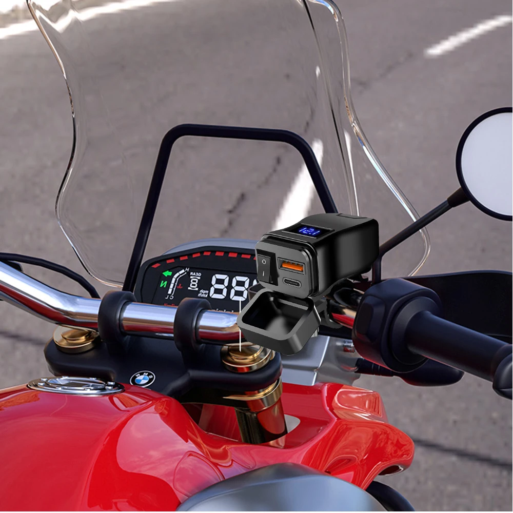 Motorbike Charger Adapter Waterproof Motorbike Motorcycle Handlebar Charger Dual USB Port Adapter Power Adapter with Switch for Mobile Phone Charger