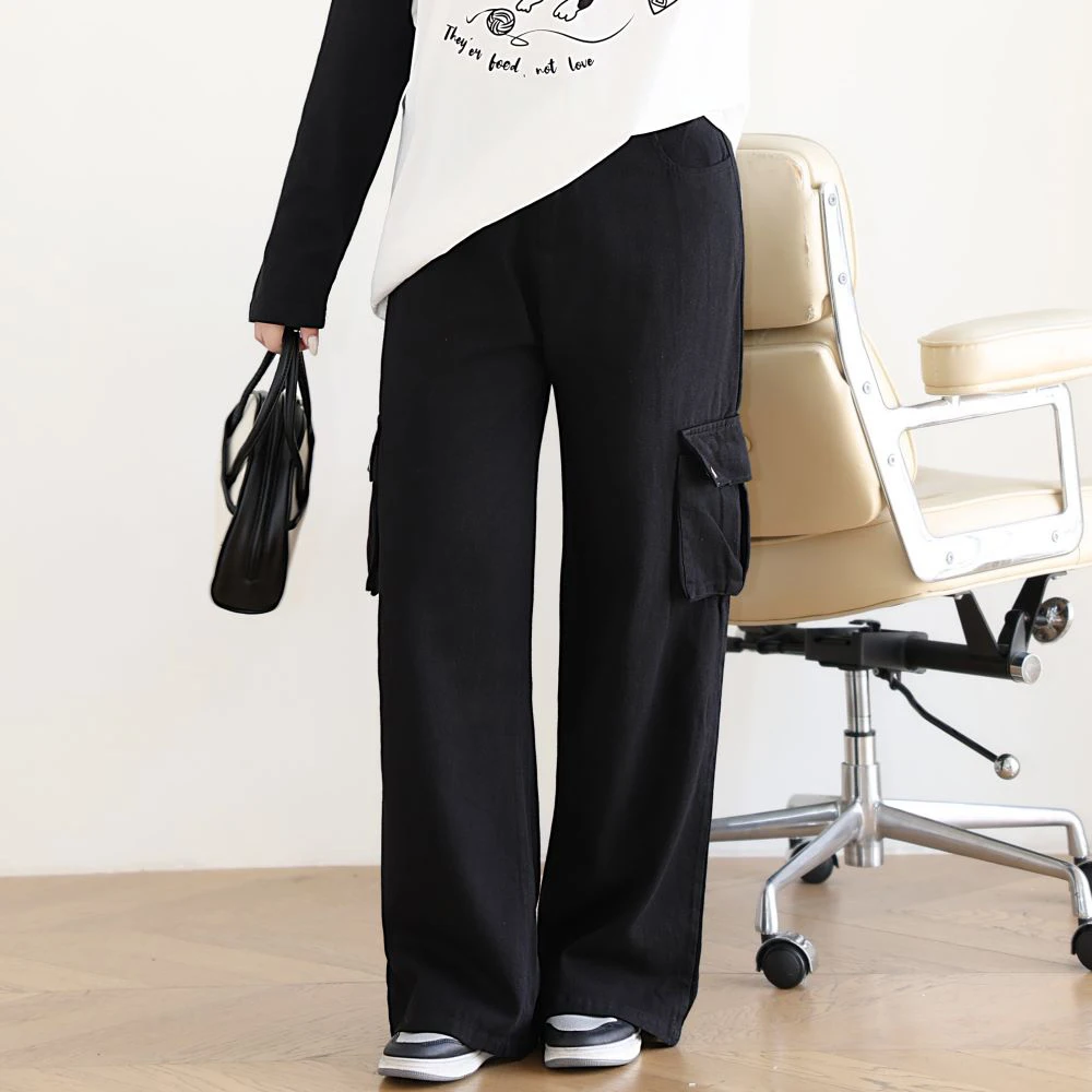 High Waisted Cargo Pants for Women, Straight Leg, Double Pocket, Casual, Good Quality, Plus Size, Washed Cotton Trousers, Fall