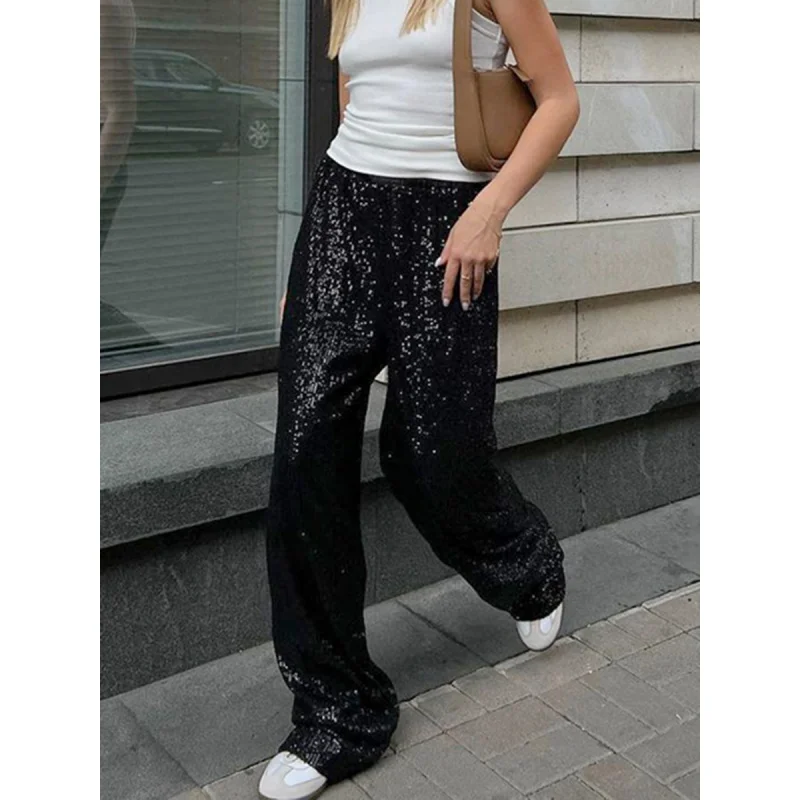 2024 Spring French Style Fashion Street White Sequined Casual Pants Women's Design Wide Leg Pants Trousers Wholesale Women's Clo