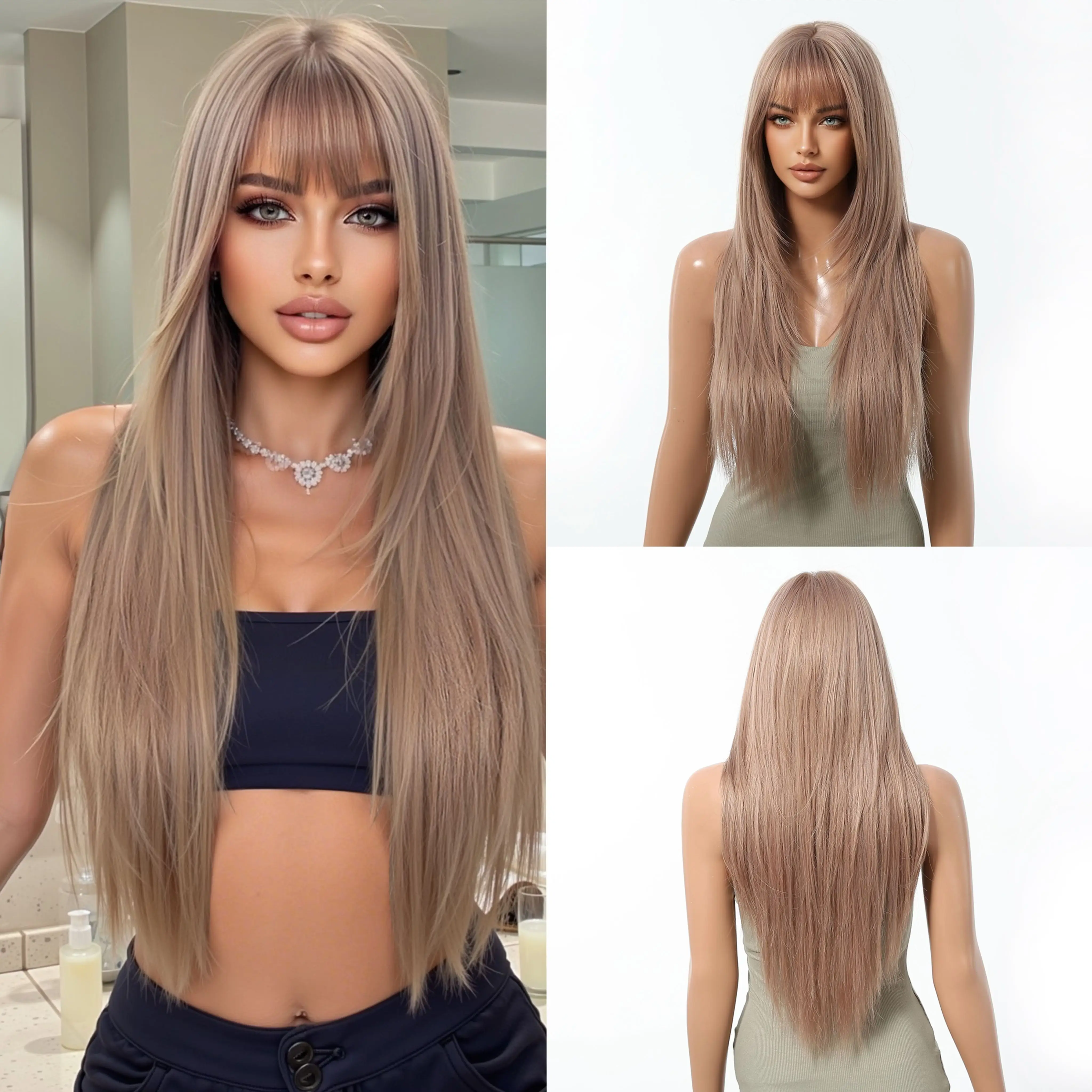 Blonde braune Ombre-Synthetik-Perücken, lange, gerade, geschichtete Perücke mit Pony für weiße Frauen, Cosplay, natürliches Kunsthaar, hitzebeständig – Detail 13