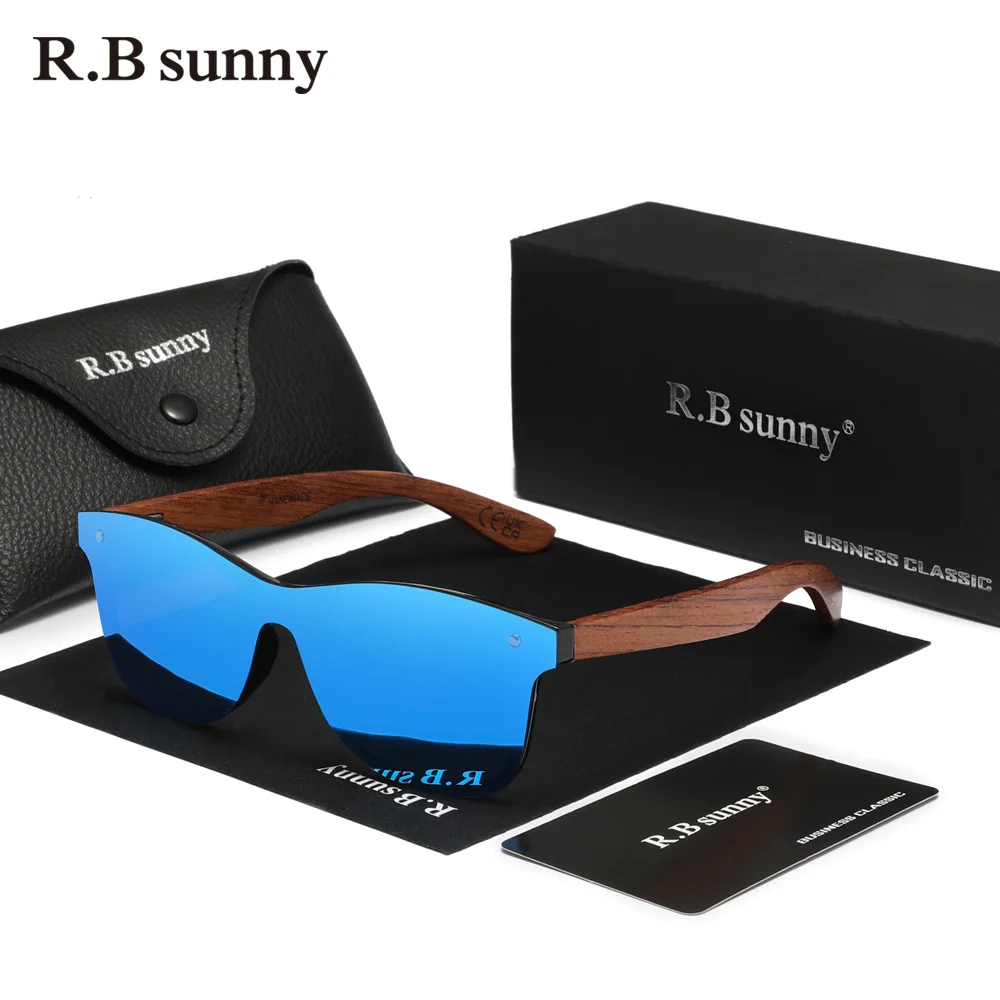 RBsunny 편광 선글라스 남녀공용, 천연 나무 프레임 미러 플랫 렌즈, 운전 UV400, 눈 보호, 빈티지 액세서리