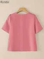 ZANZEA Women Summer OL Work Blouse Elegant Office Shirt Stylish Solid O Neck Tunic Short Petal Sleeve Tops Holiday Blusas Femme - Image 5