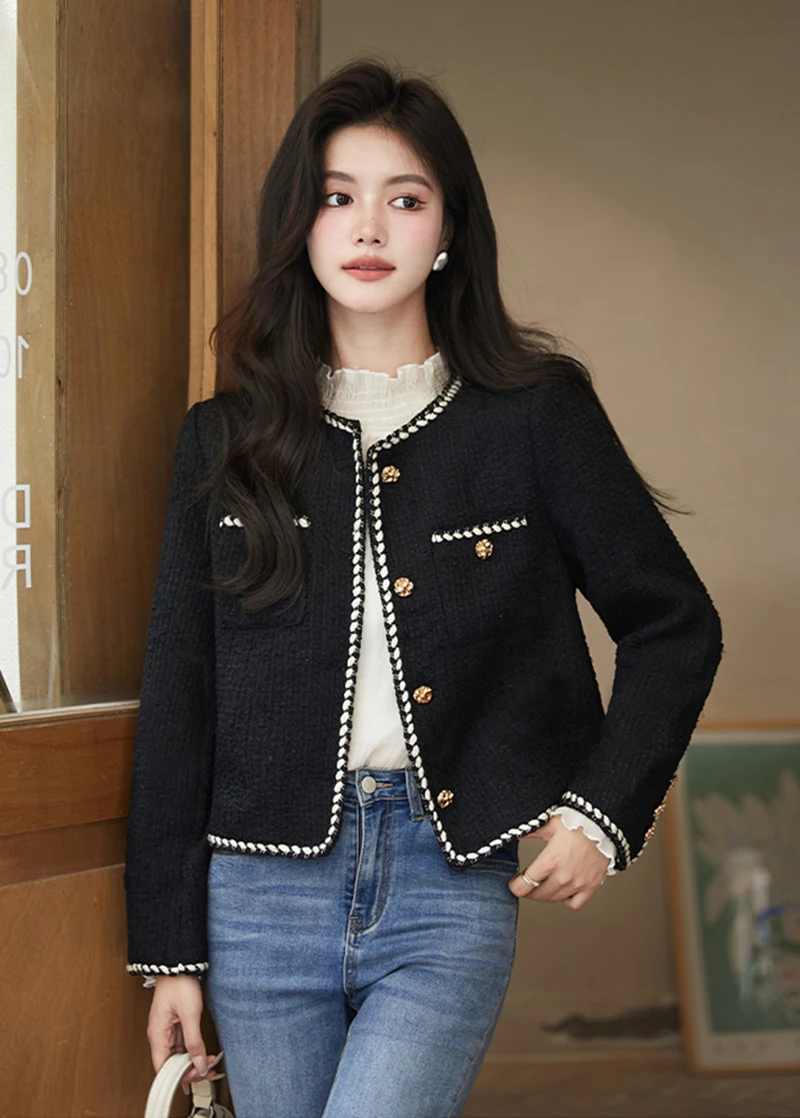 Vintage Cropped Tweed Jacket Women Black Quilted Coat Elegant Blazer Winter Ladies Single Breasted Thicken Outerwear Tops