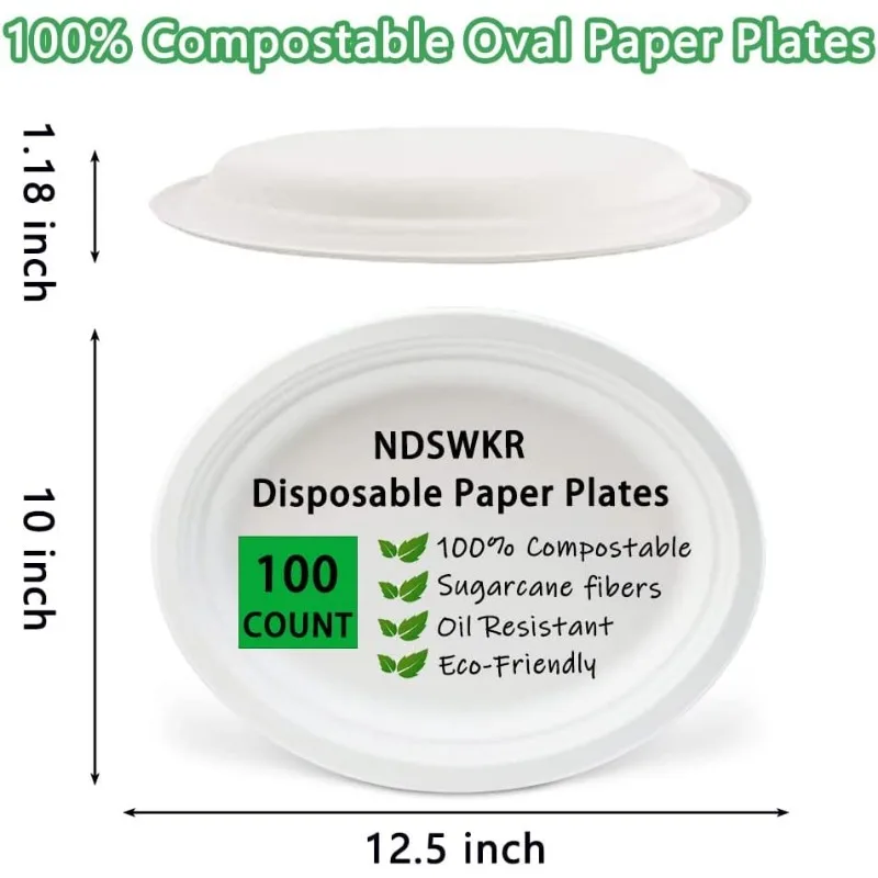 100 PCS Compostable Oval Paper Plates, 12.5 Inch White Bagasse Plates, Heavy Duty Disposable Dinner Platters for Restauran