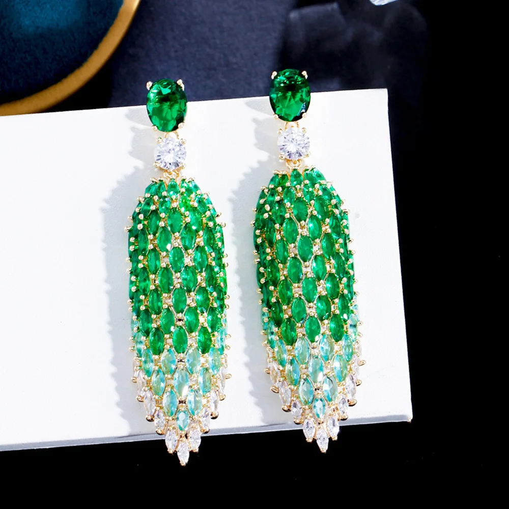 

CWWZircons Fringed Marquise Cut Green Cubic Zirconia Stone Long Dangle Drop Chunky Luxury Wedding Party Earrings for Women CZ490